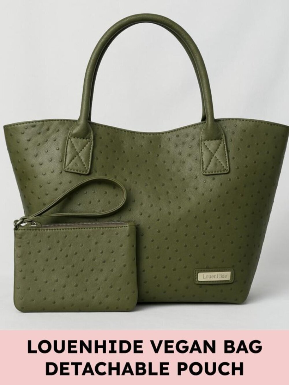 LouenHide tote bag vegan leather ostrich texture roomy carryall with pouch green